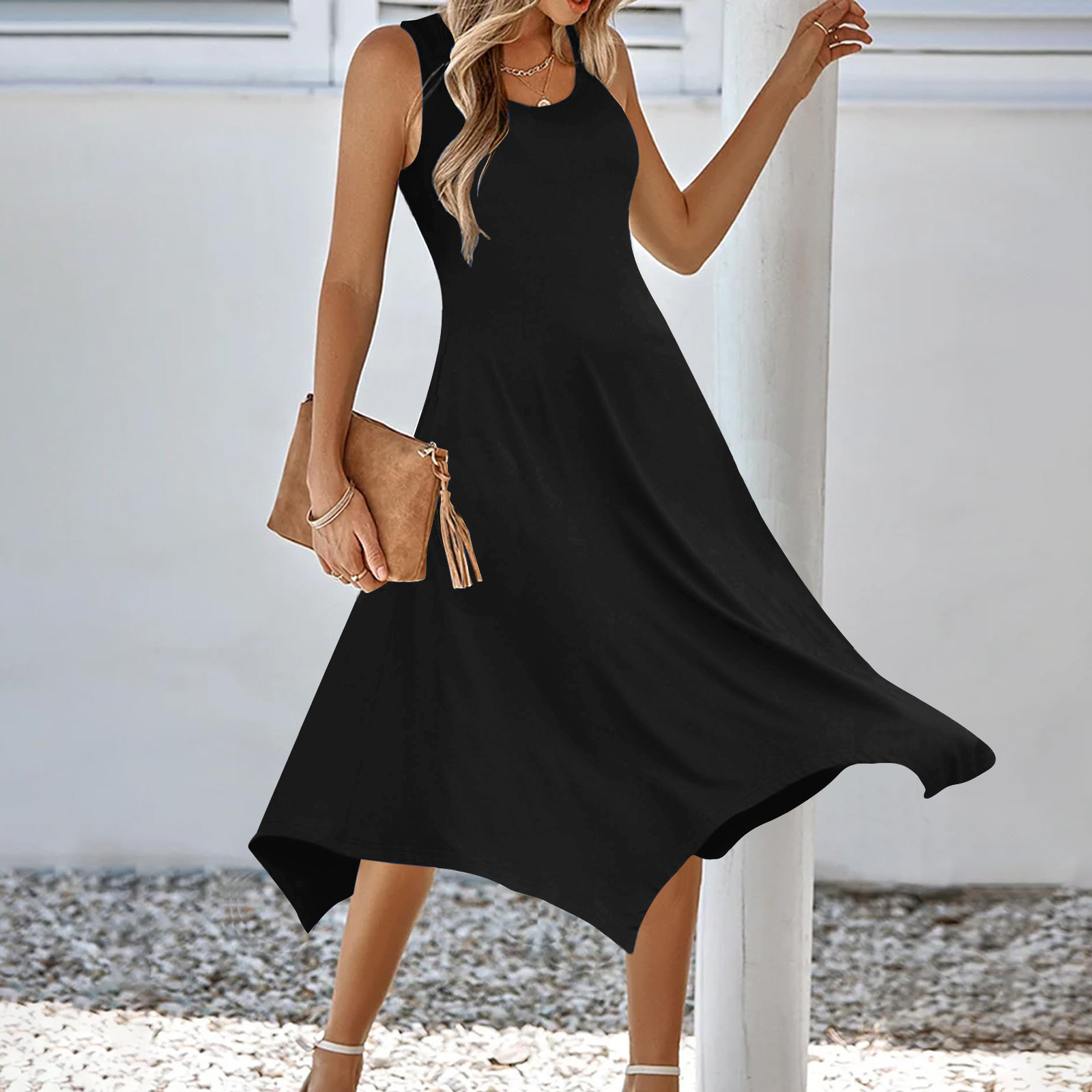 Wycnly Summer Dresses for Women Cocktail Dresses for Women Loose Irregular Pleated Hem Beach Tank Knee-Length Dress Girls Formal Solid Crewneck Sleeveless Midi Dresses